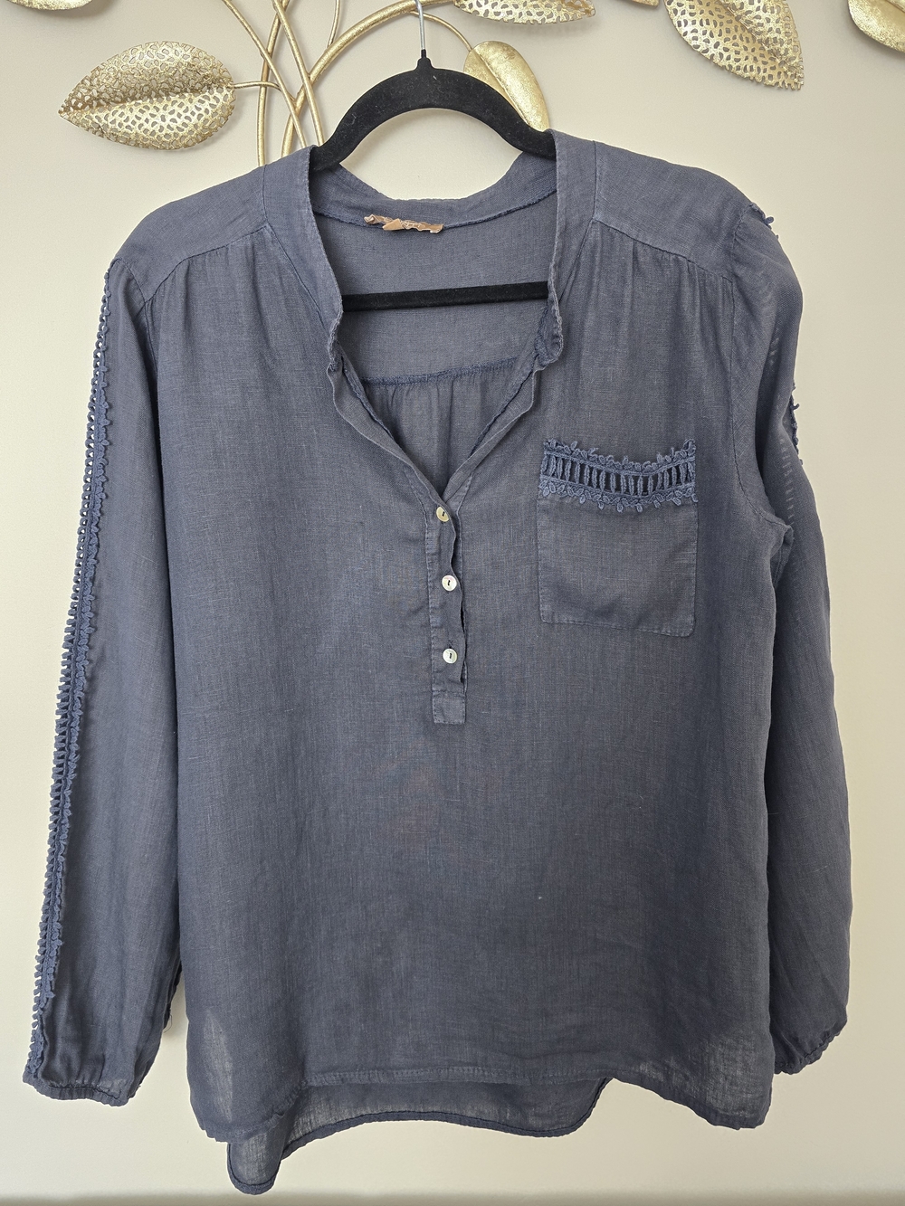 Boho Navy Embroidered Pocket Henley Tunic Blouse Size L 100% Linen Italy